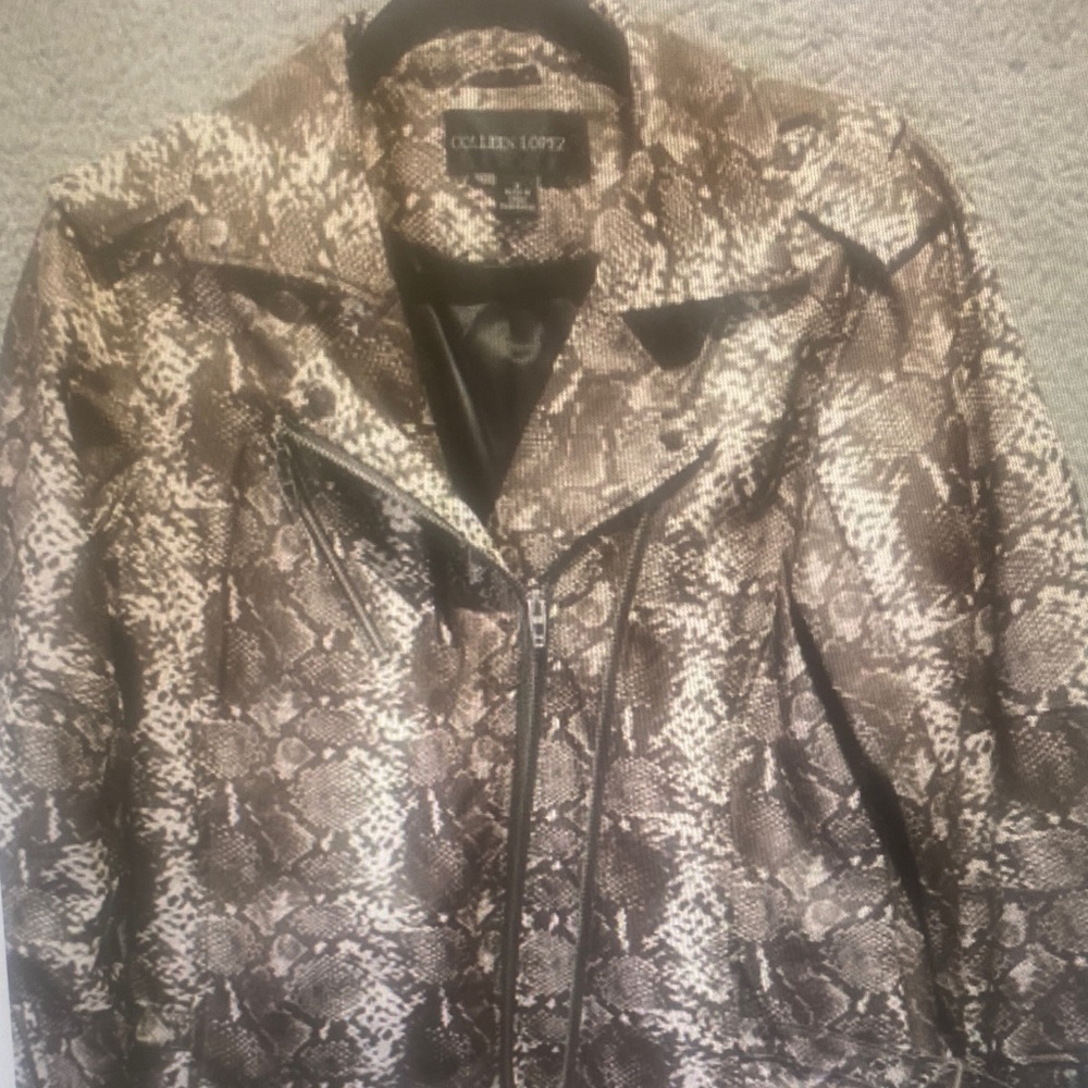 Colleen Lopez Faux Leather Moto Jacket Womens M Animal Print Brown Cream